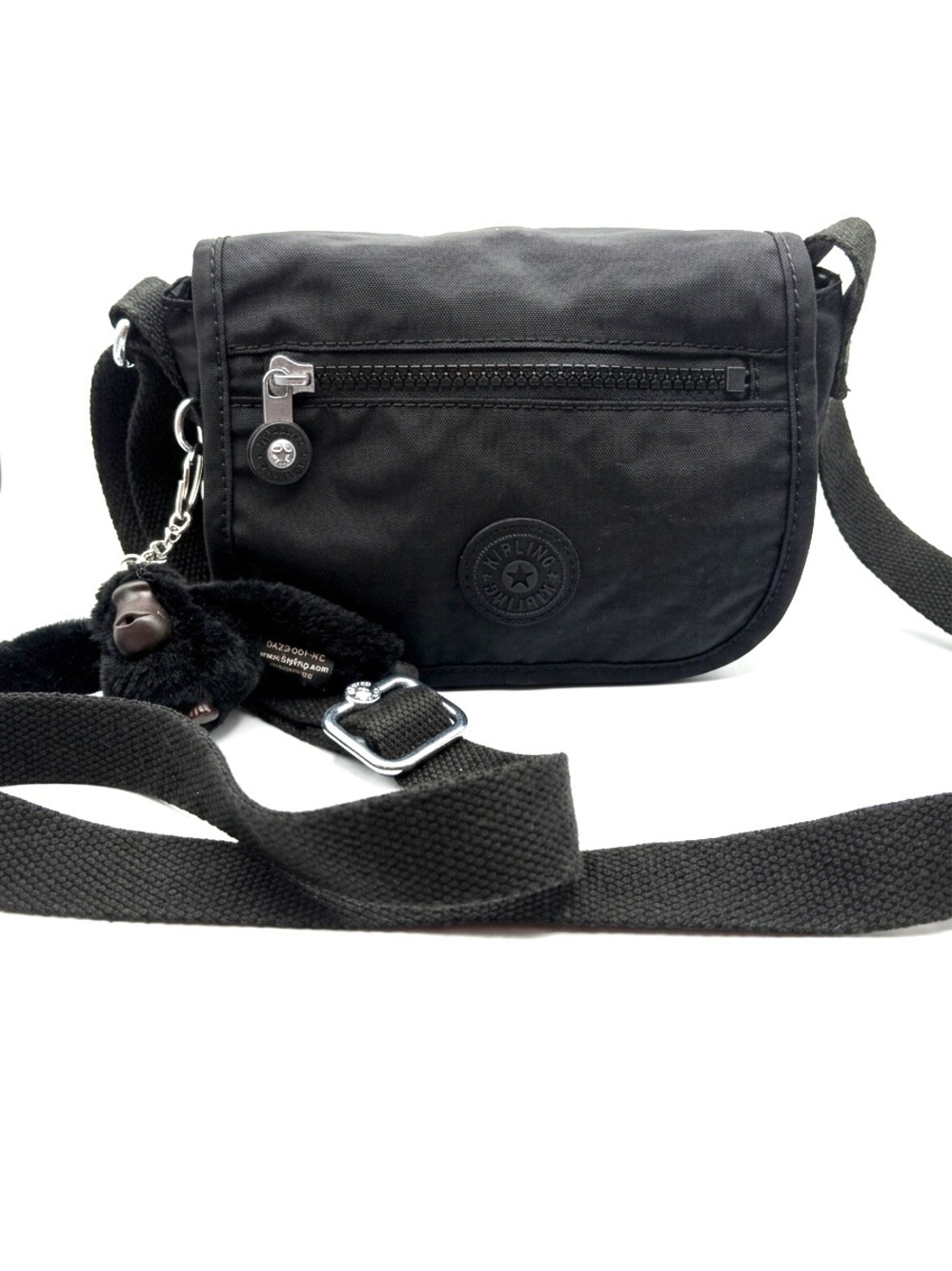 Kipling Black Nylon Flap Crossbody Bag Guitar Strap  with Monkey Charm NWOT